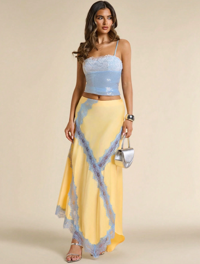 Yellow Satin Lace-Trim Maxi Skirt