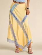 Yellow Satin Lace-Trim Maxi Skirt