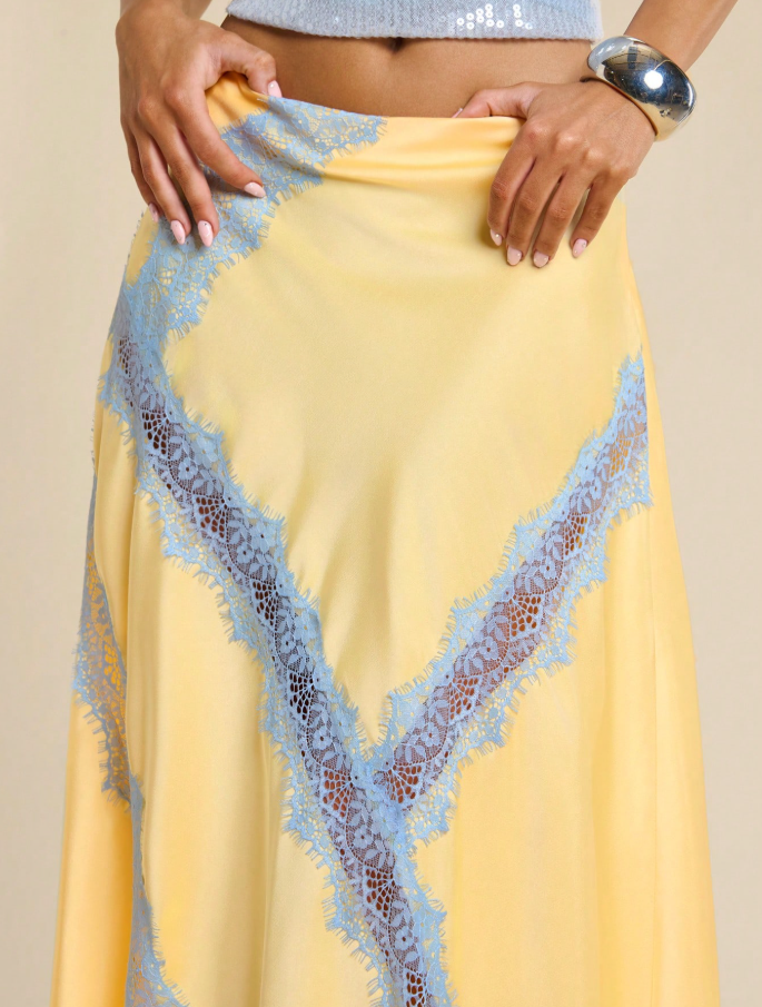 Yellow Satin Lace-Trim Maxi Skirt