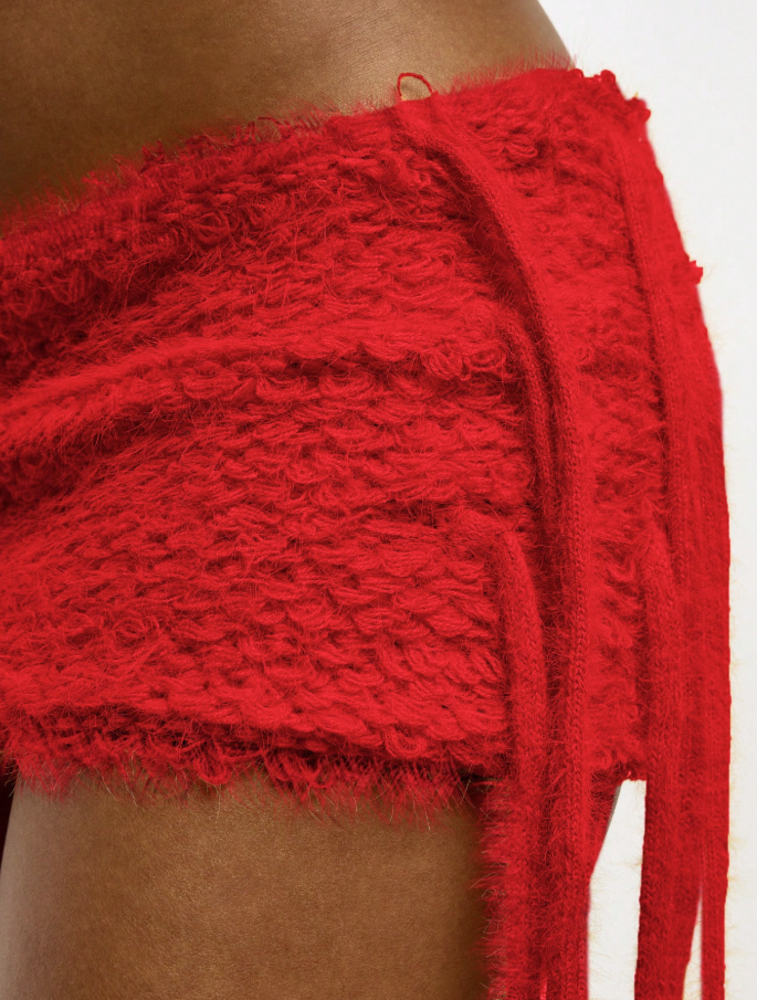 Red Knit Fringe Micro Skirt