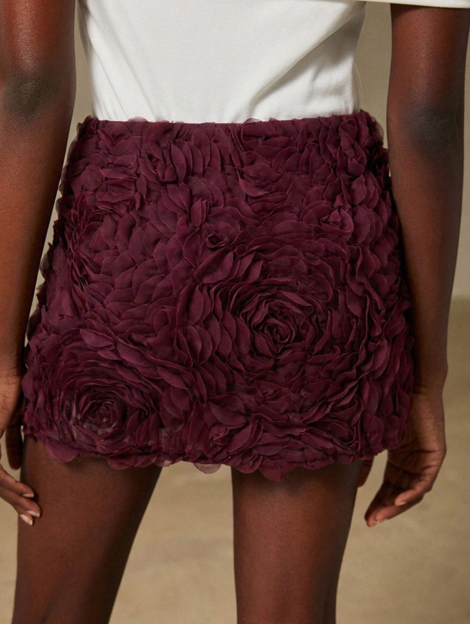 Burgundy 3D Rose Applique Mini Skirt