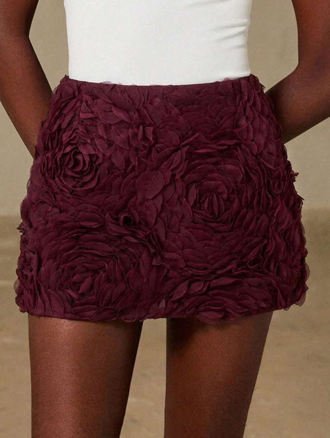 Burgundy 3D Rose Applique Mini Skirt