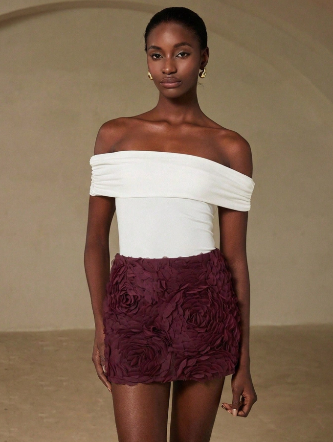Burgundy 3D Rose Applique Mini Skirt