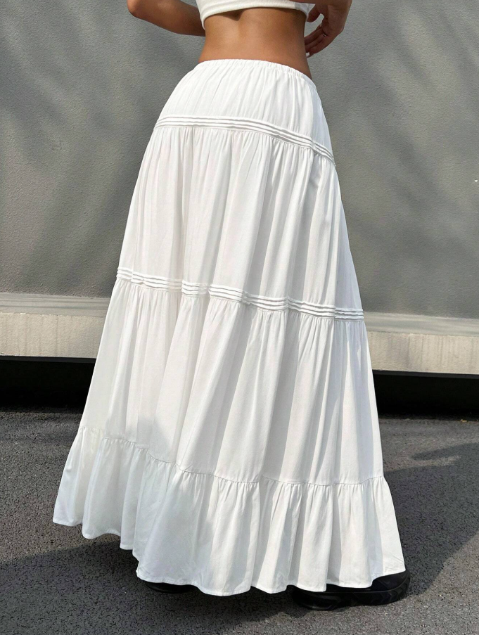 White Tiered Drawstring Maxi Skirt