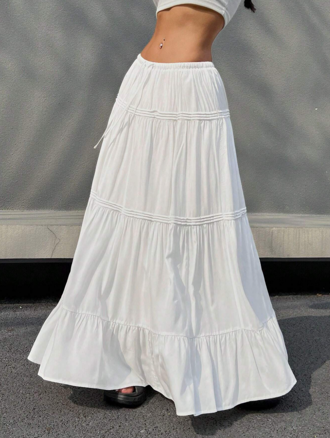 White Tiered Drawstring Maxi Skirt