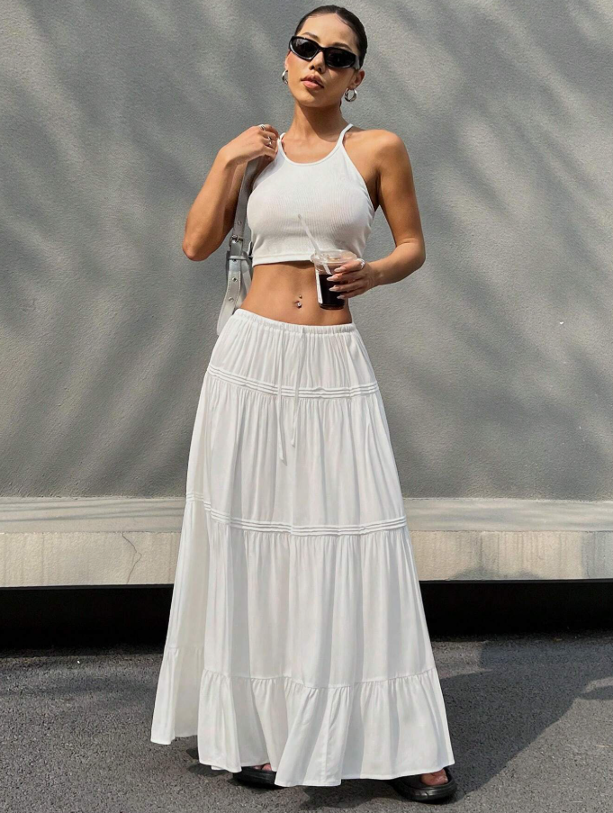 White Tiered Drawstring Maxi Skirt