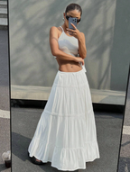 White Tiered Drawstring Maxi Skirt