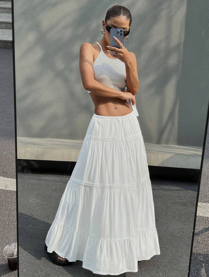 White Tiered Drawstring Maxi Skirt