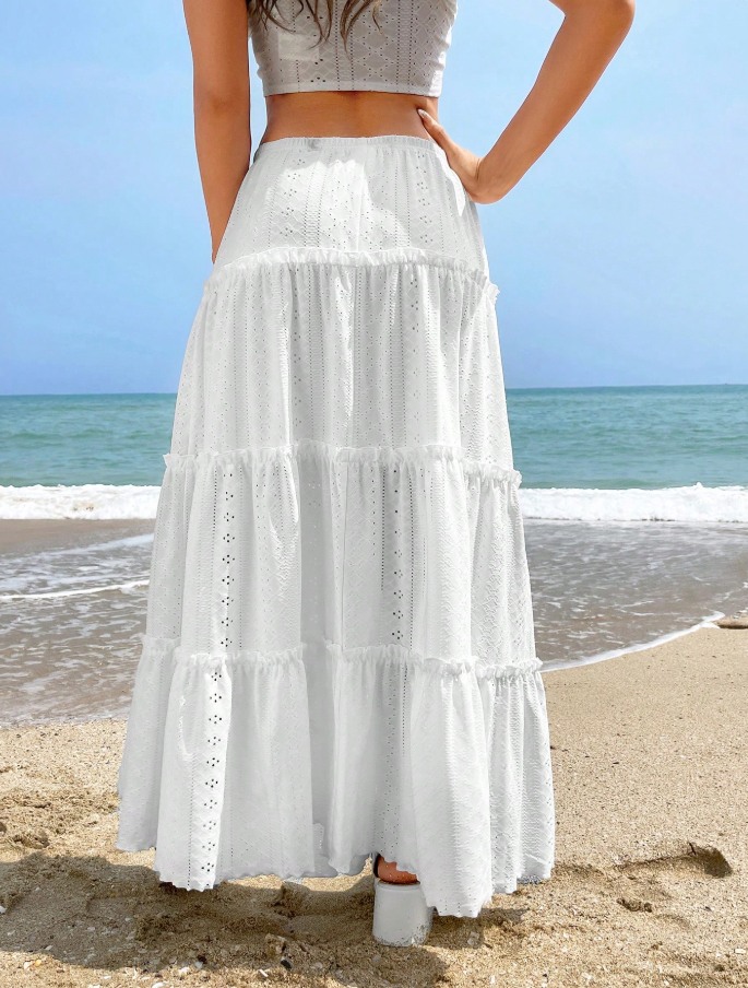 White Eyelet Tiered Maxi Skirt