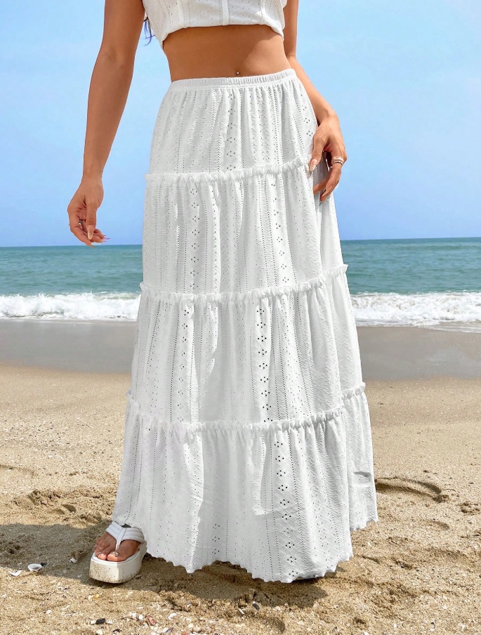 White Eyelet Tiered Maxi Skirt
