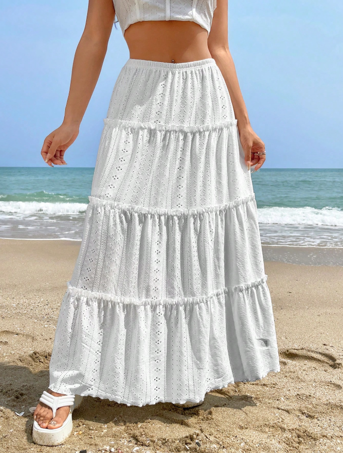 White Eyelet Tiered Maxi Skirt