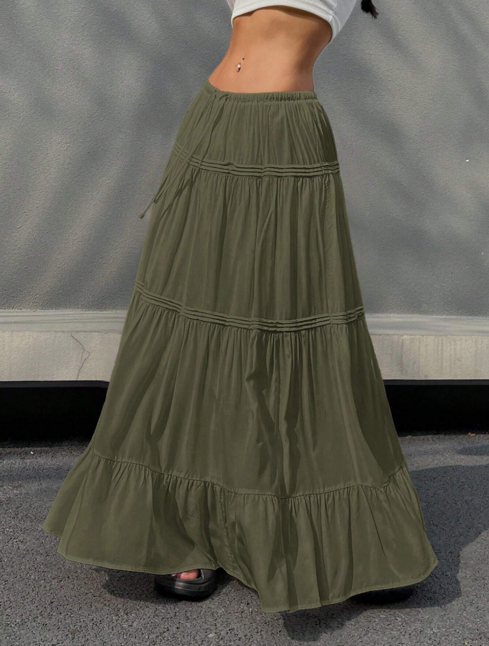 Olive Tiered Drawstring Maxi Skirt