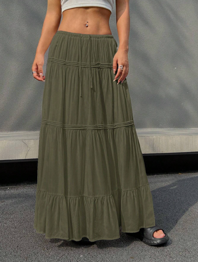 Olive Tiered Drawstring Maxi Skirt