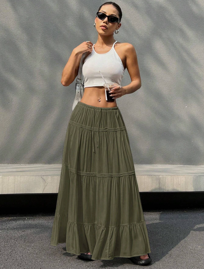 Olive Tiered Drawstring Maxi Skirt