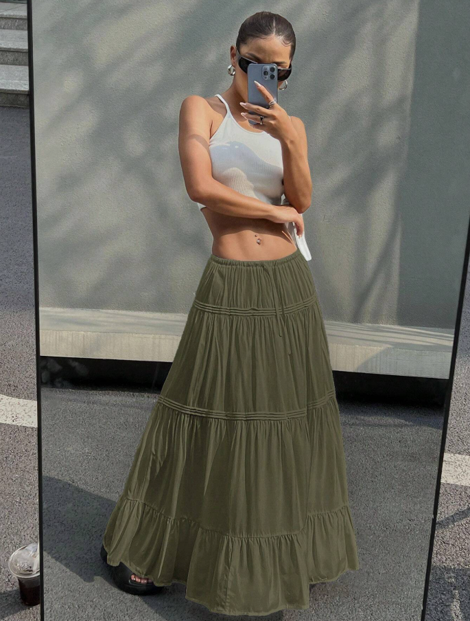 Olive Tiered Drawstring Maxi Skirt