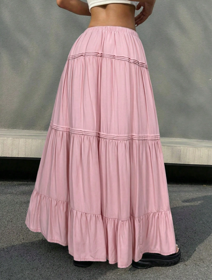 Pink Tiered Drawstring Maxi Skirt