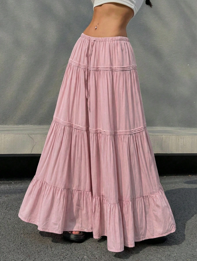 Pink Tiered Drawstring Maxi Skirt