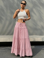 Pink Tiered Drawstring Maxi Skirt