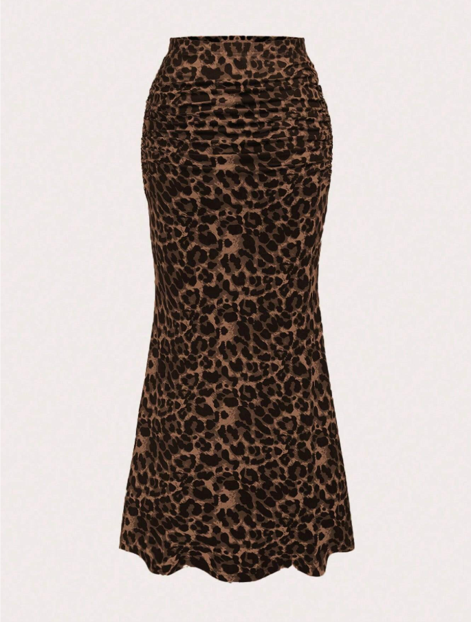 Leopard Print Ruched Midi Skirt