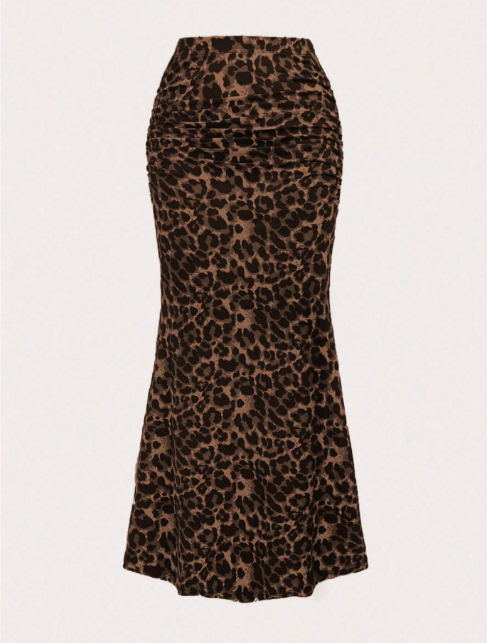 Leopard Print Ruched Midi Skirt