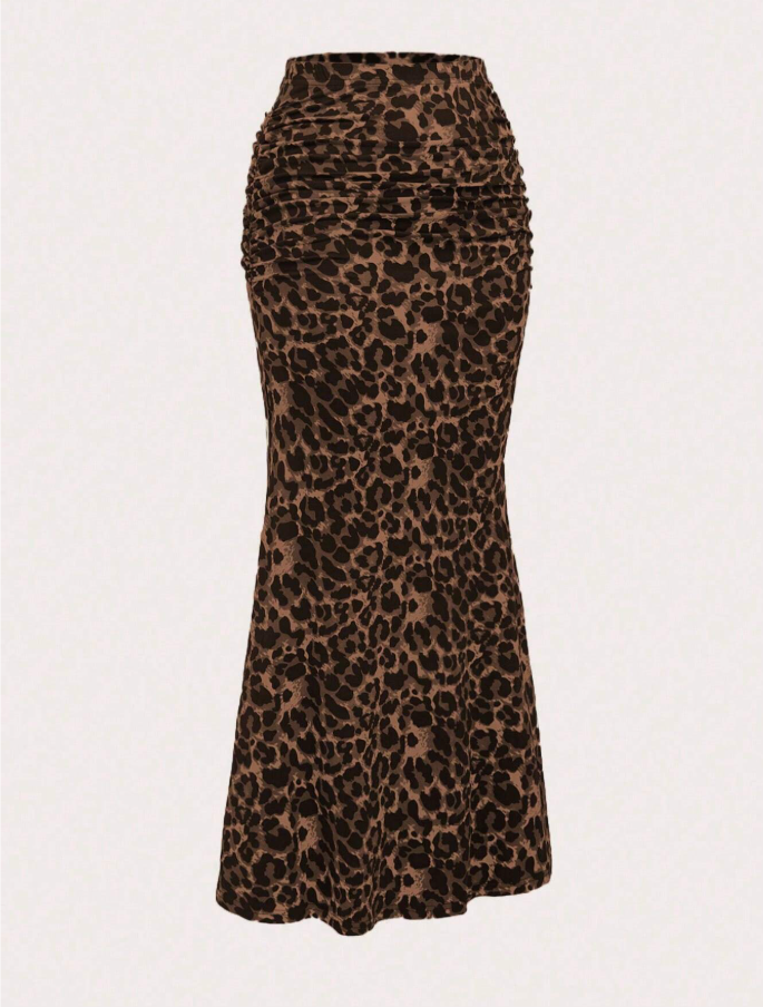Leopard Print Ruched Midi Skirt