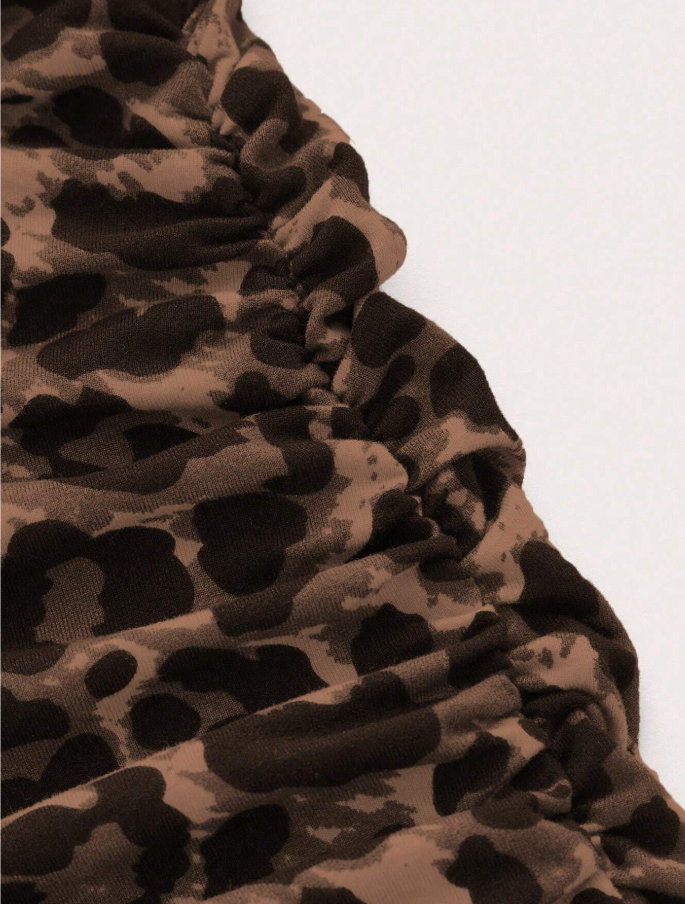 Leopard Print Ruched Midi Skirt