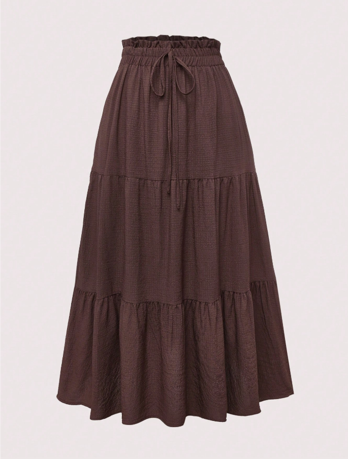 Brown Tiered Drawstring Maxi Skirt