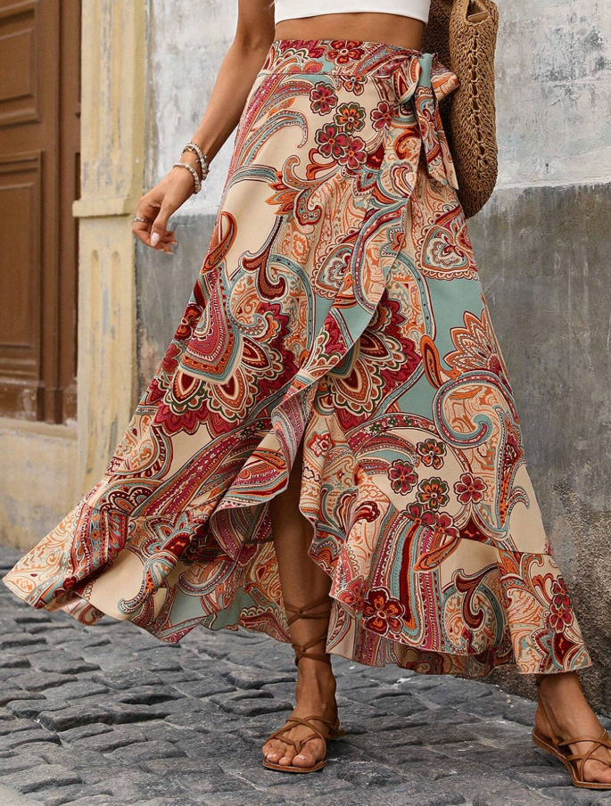 Boho Paisley Ruffle Wrap Maxi Skirt