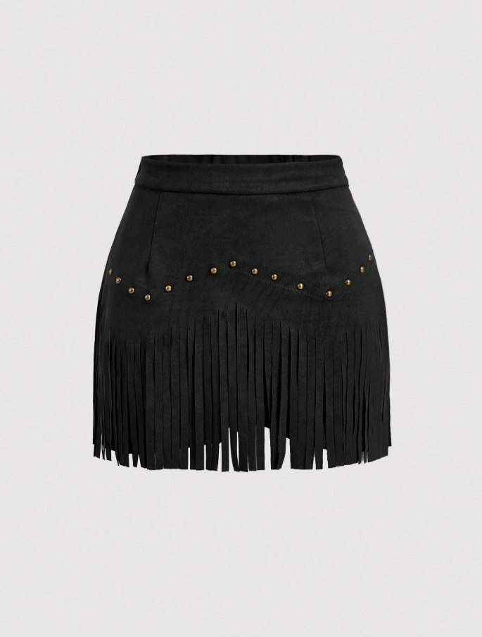 Black Suede Fringe Studded Mini Skirt