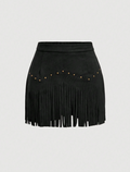 Black Suede Fringe Studded Mini Skirt