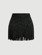 Black Suede Fringe Studded Mini Skirt