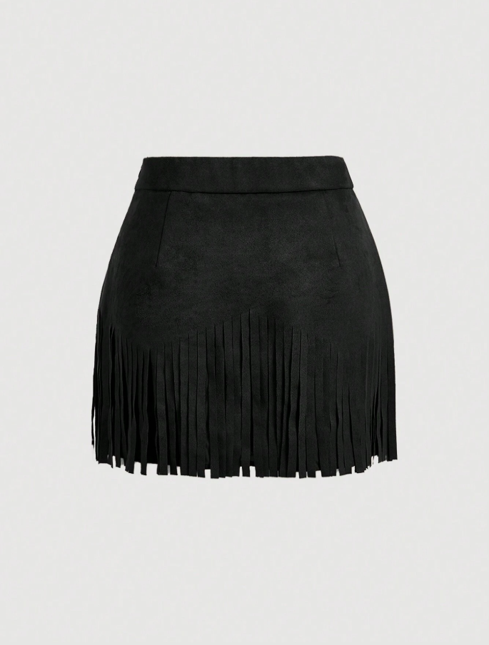 Black Suede Fringe Studded Mini Skirt