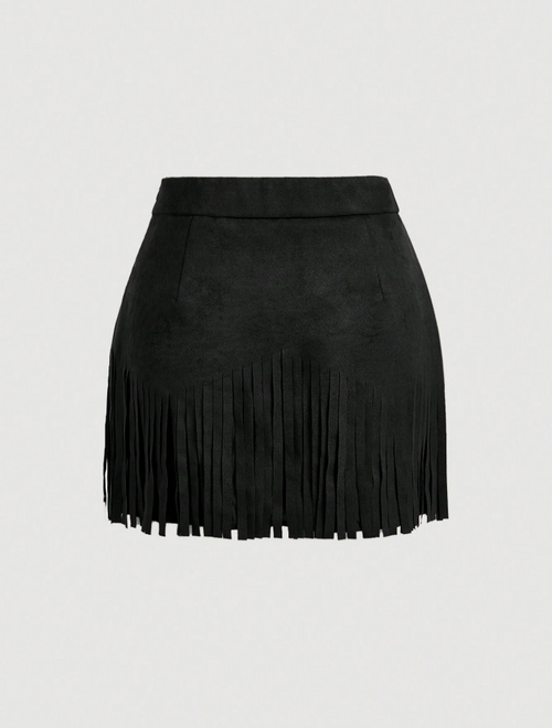 Black Suede Fringe Studded Mini Skirt