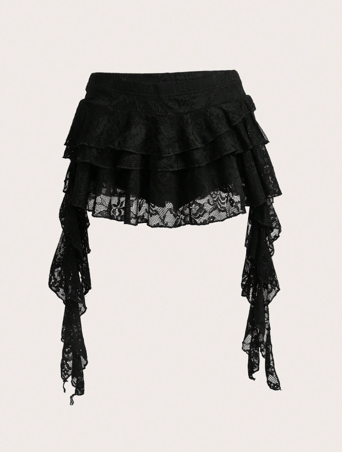 Black Lace Tiered Ruffle Mini Skirt