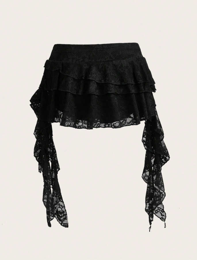 Black Lace Tiered Ruffle Mini Skirt