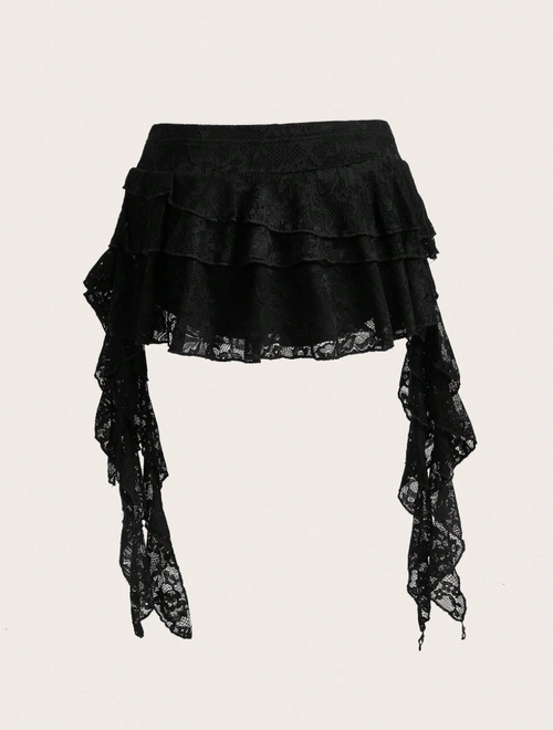 Black Lace Tiered Ruffle Mini Skirt