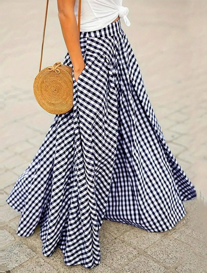 Black Gingham Tiered Maxi Skirt