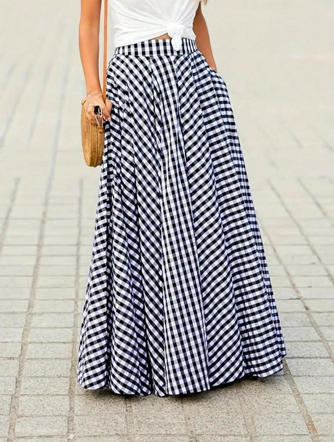 Black Gingham Tiered Maxi Skirt