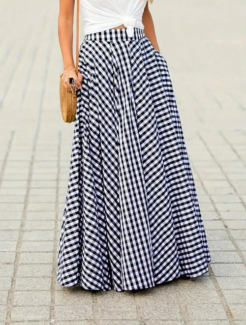 Black Gingham Tiered Maxi Skirt