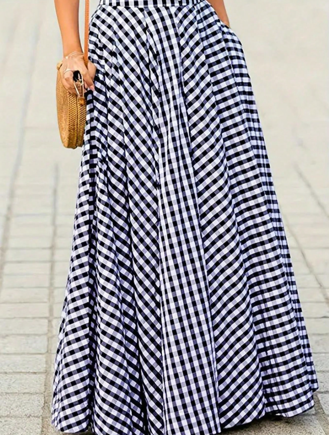 Black Gingham Tiered Maxi Skirt