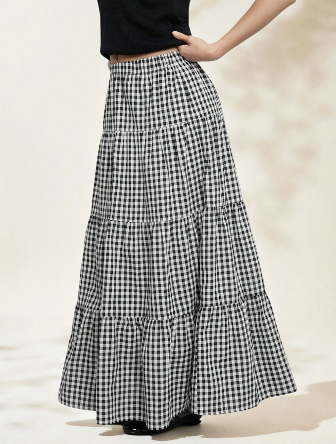 Black Gingham Ruffle Tiered Maxi Skirt