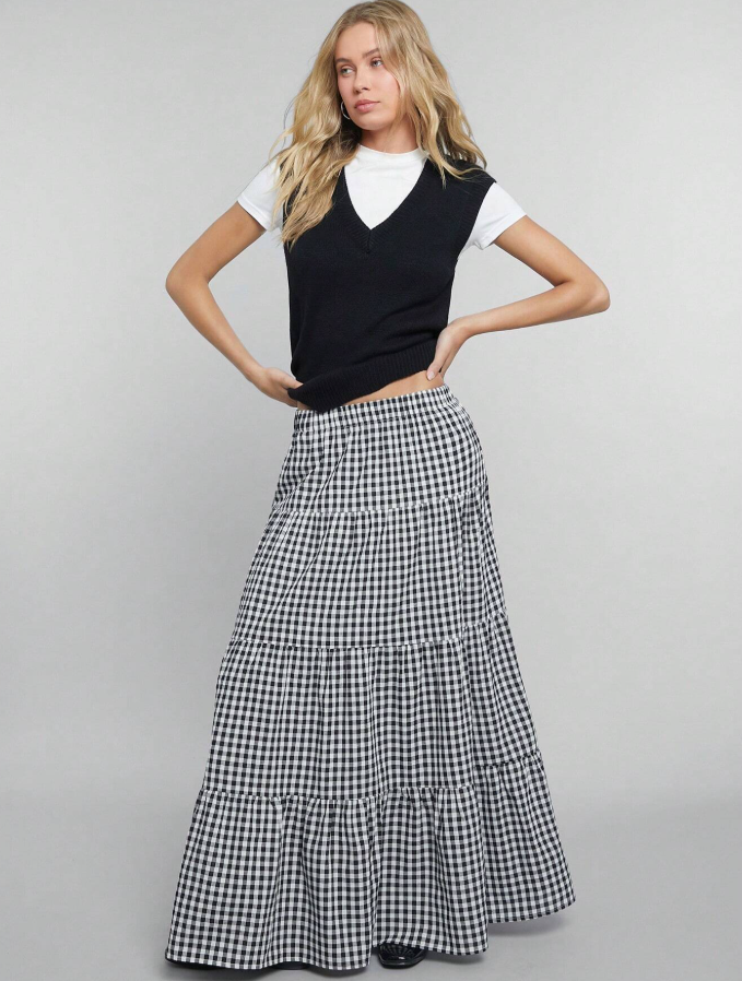 Black Gingham Ruffle Tiered Maxi Skirt
