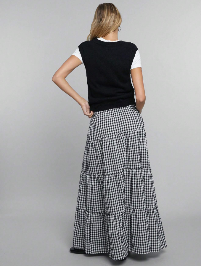 Black Gingham Ruffle Tiered Maxi Skirt