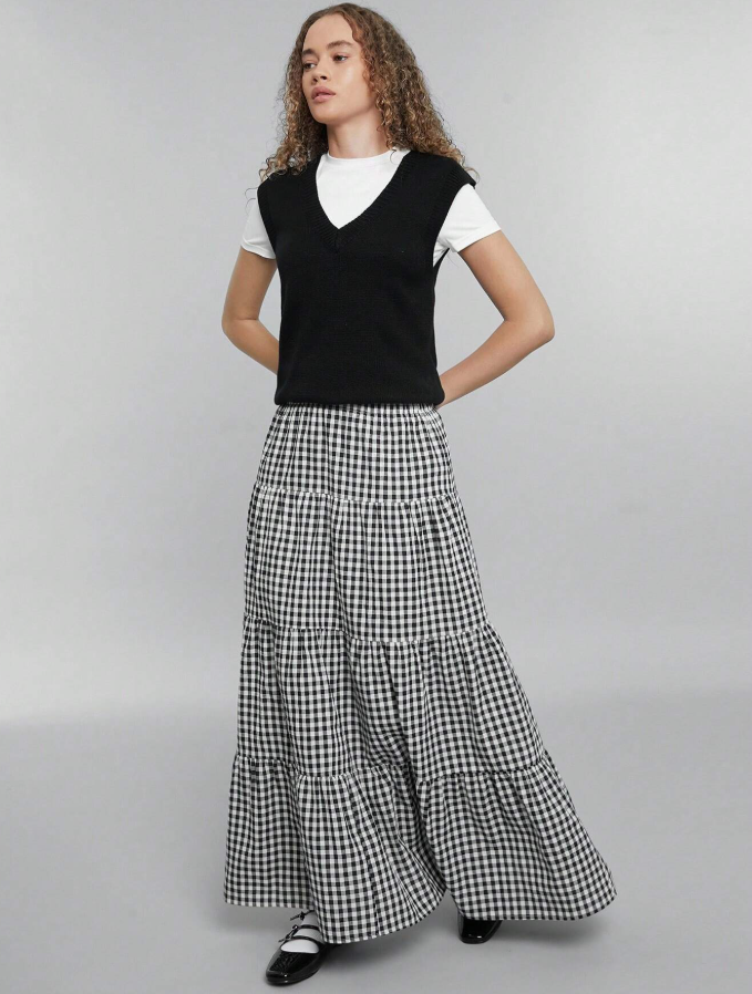 Black Gingham Ruffle Tiered Maxi Skirt
