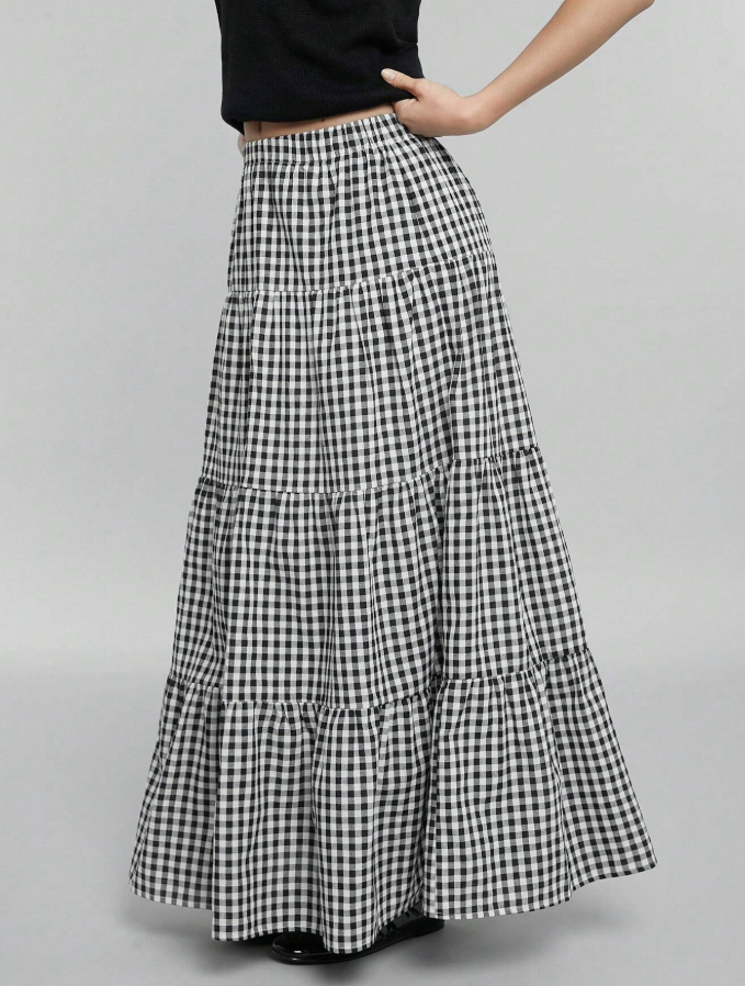 Black Gingham Ruffle Tiered Maxi Skirt