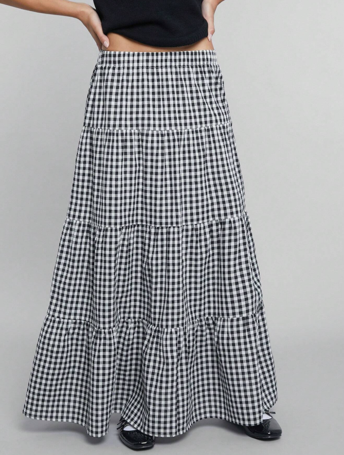 Black Gingham Ruffle Tiered Maxi Skirt