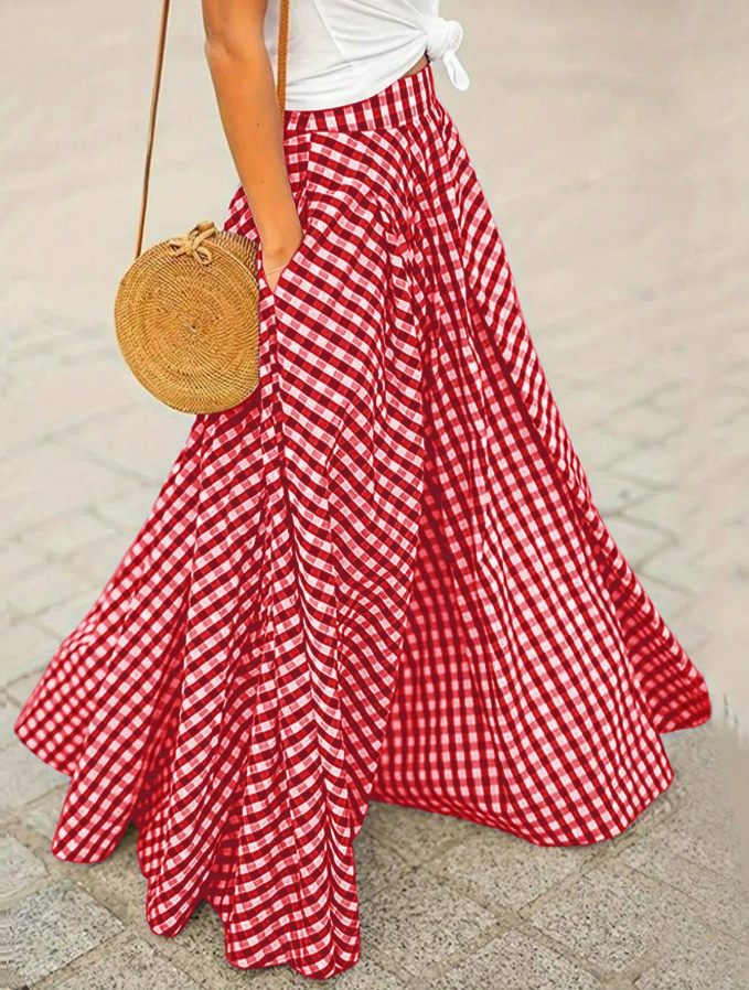 Red Gingham A-Line Maxi Skirt