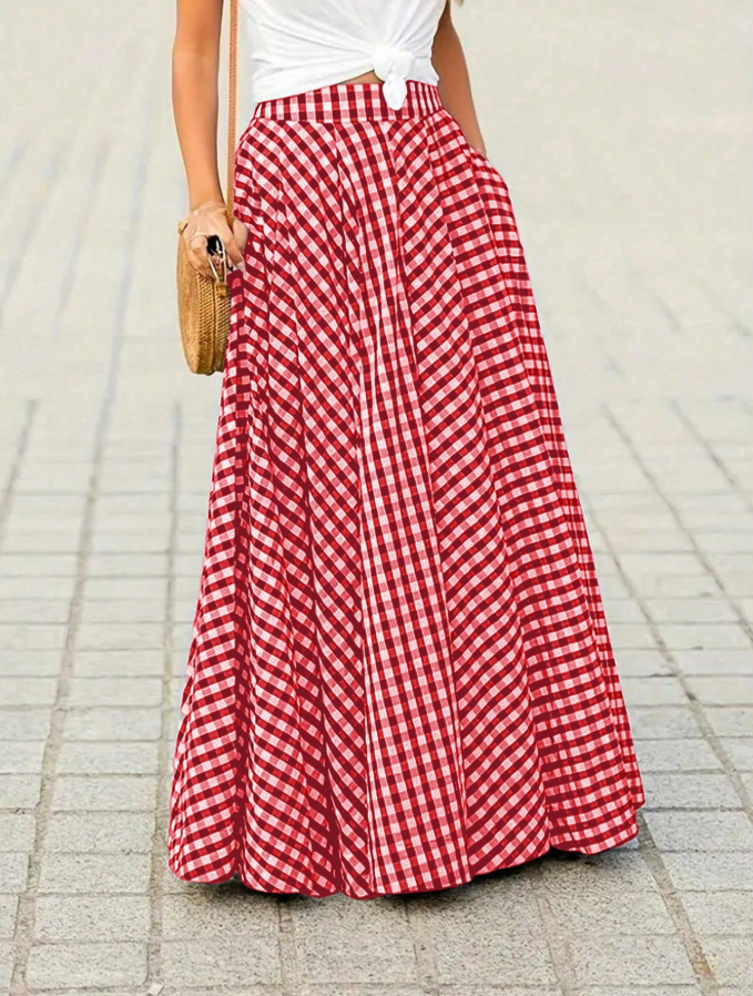 Red Gingham A-Line Maxi Skirt