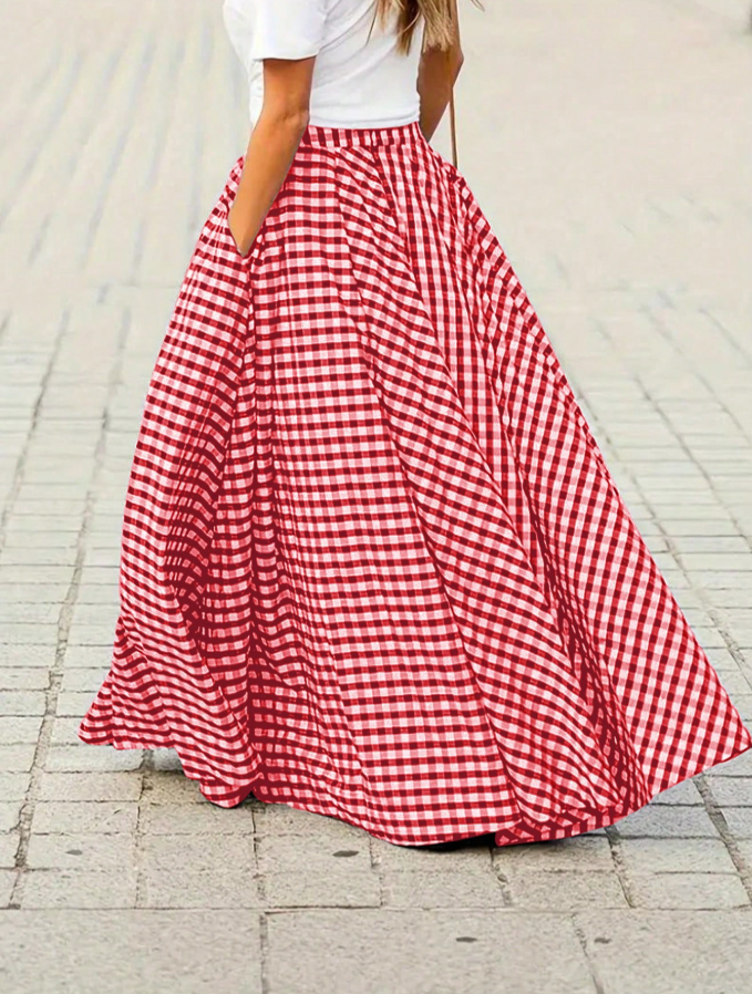 Red Gingham A-Line Maxi Skirt