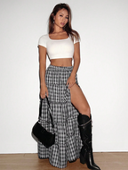Black & White Plaid Tiered Maxi Skirt with Front Slit